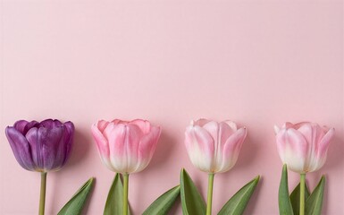 Obraz premium Purple and pink tulips bloom softly against a gentle pink backdrop.