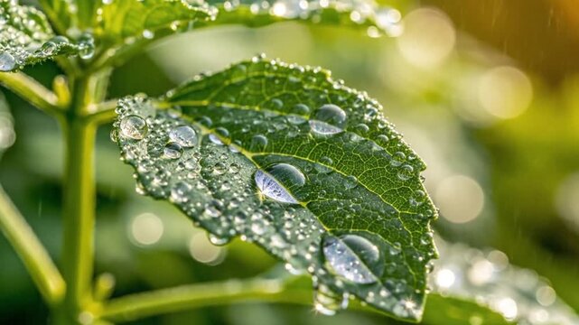 Tulasi Leaf with Fresh Morning Dew Drops Macro Close-up