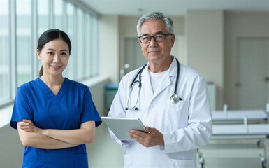 Fototapeta premium Doctor and nurse stand together in hospital hallway smiling at camera.