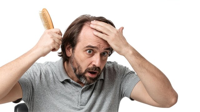 Man shocked holding comb and hand to head revealing thinning hair.