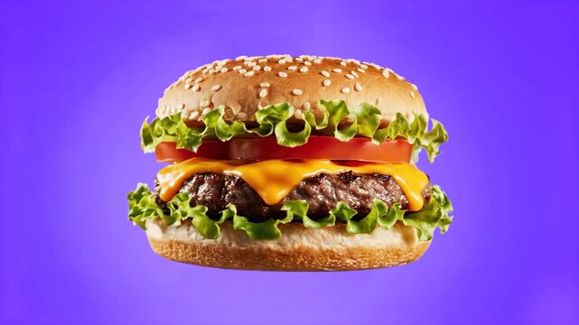 A gourmet cheeseburger with a beef patty, melted cheddar, fresh lettuce, and tomato slices rotates while levitating. This vibrant 3D food animation is designed for fast food marketing, restaurant menu