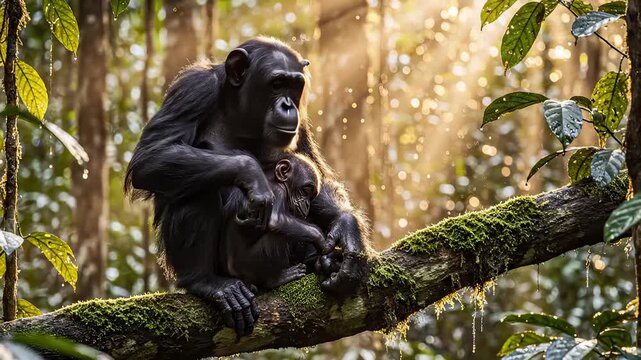 Mother Chimpanzee Cuddles Baby While Sitting On Mossy Tree Branch