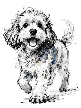 Minimalist abstract sketch series : happy Cavapoo dog, isolated studio portrait of a canine pet in pure white background 003