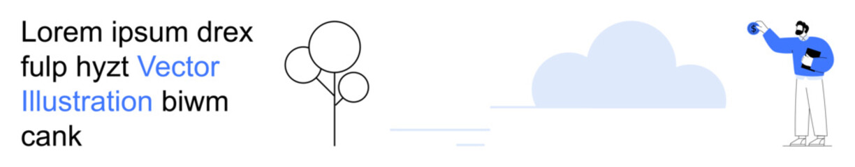 Education, creativity, modern design, technology , minimalism, conceptual art. A person holding an object near a tree and cloud shapes with placeholder text. Education and creativity concept © robu_s