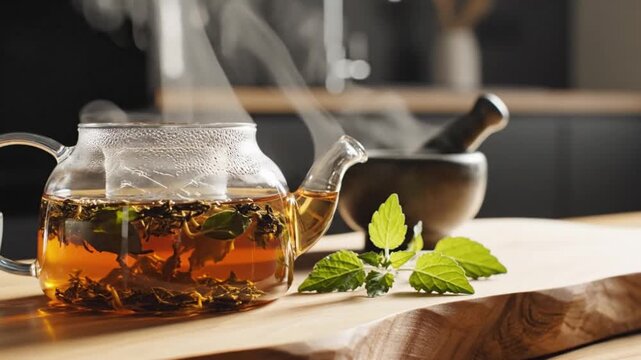 Tulasi Herbal Tea Steaming in Glass Teapot on Wooden Table