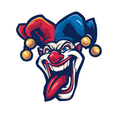 Fototapeta premium Crazy Clown Face with Tongue Out, Red and Blue Hat, and Golden Pom Poms - Cartoon Style Illustration