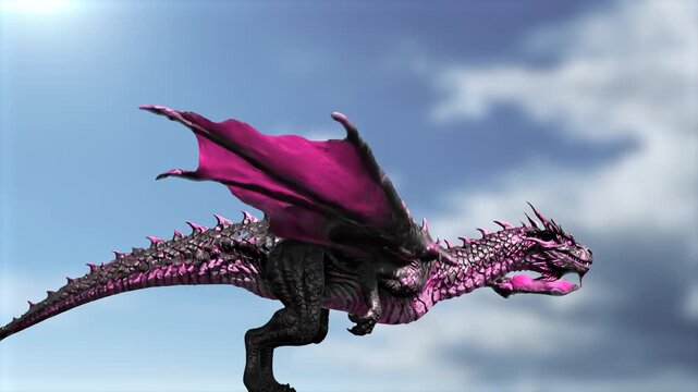 High-detail 3D rendered pink dragon soaring through the air with realistic wing movement. Set against a soft sky background, ideal for fairy tales, magical themes, and creative video projects.