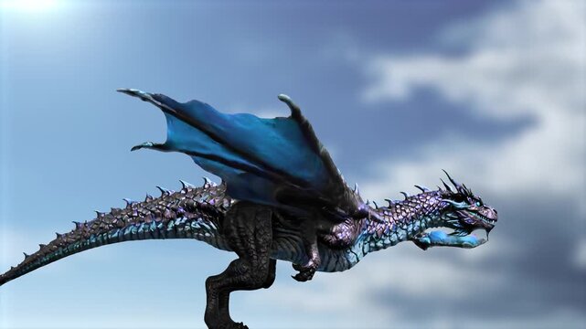 Cinematic 3D animation of a majestic blue dragon flapping its massive wings while flying through a cloudy sky. Perfect for fantasy films, RPG game trailers, and epic storytelling.