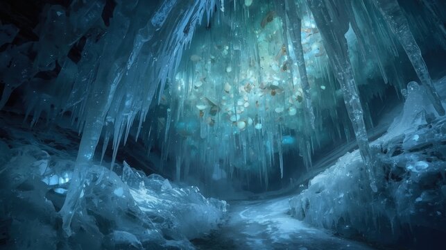 Icicles hang from the ceiling of an icy cave with a pathway