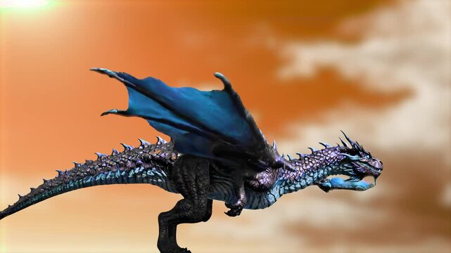 A majestic 3D animation of a dark blue dragon soaring with outspread wings across a warm, orange evening sky. The creature moves powerfully, highlighted by the setting sun.