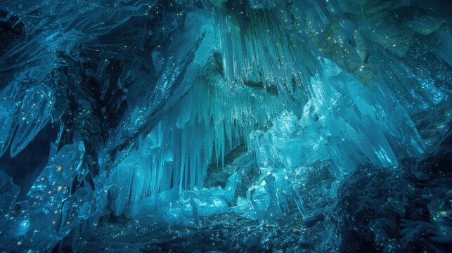 Glowing blue icicles hang from the ceiling of an icy cave