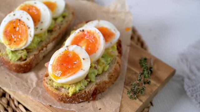 Two slices of crusty sourdough topped with creamy mashed avocado and jammy soft boiled eggs. The scene features bright natural lighting, rustic textures, and a sprig of fresh thyme on a wooden board.