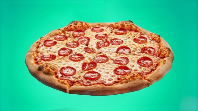A delicious 3D rendered pepperoni pizza with melted cheese and crispy crust is shown against a bright cyan background. Ideal for restaurant menus, food delivery marketing, and fast food advertisements
