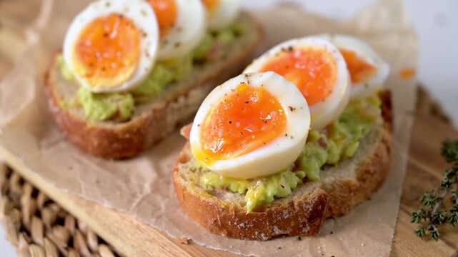 Two slices of crusty sourdough bread layered with mashed avocado and perfectly soft boiled eggs with runny yolks. Natural side lighting highlights the creamy texture and black pepper seasoning.
