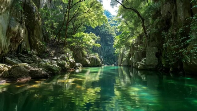 新緑の渓谷が川面に映る夏の清涼な風景