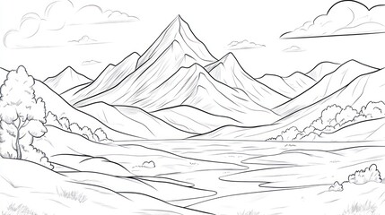 Fototapeta premium Monochrome mountain range landscape illustration with clouds and valley