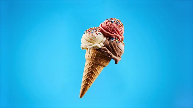 Appetizing video footage of a multi-flavor ice cream cone with chocolate and strawberry scoops, sprinkles, and syrup. Captured against a vibrant blue background, ideal for summer dessert commercials.