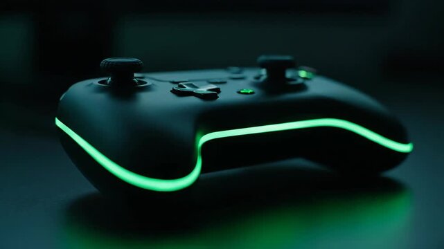 Glowing Green Gaming Controller Closeup.