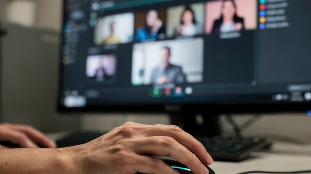Focused view of a moderators hands using a mouse over a livestream content queue dashboard the main flagged stream thumbnail sharp while the rest fade into soft blur.