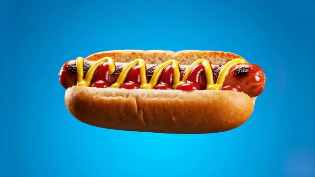 A high-detail, realistic 3D animation of a grilled hot dog in a toasted bun, topped with zig-zags of yellow mustard and red ketchup. The entire food item is shown spinning or rotating 360 degrees in m