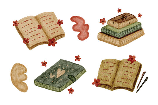 Cozy Watercolor Book and Coffee Elements Set