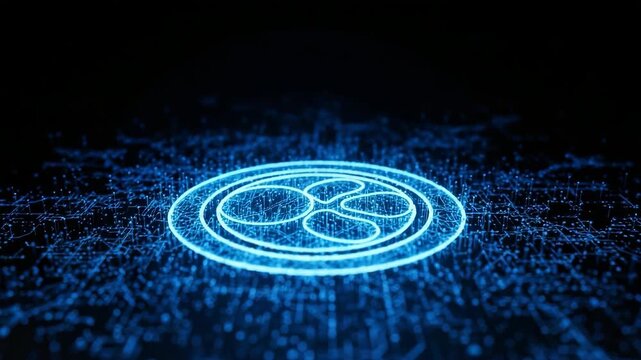 Glowing Digital Cryptocurrency Symbol Floating Above Blue Circuit Board On Black Background Showcasing Financial Technology Used For Finance Digital Currency Crypto Blockchain Concep