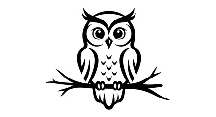 Obraz premium Black and white illustration of an owl perched on a branch in vector format