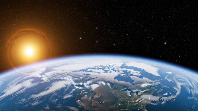 Sunrise Illuminating Earth From Space With The Continents City Lights Visible Backdrop Of Starry Night Sky For Education Travel Environmental Themes