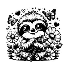 Fototapeta premium Cute Sloth with Flowers Butterflies Hearts Vector Illustration