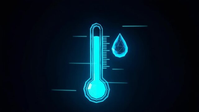 Animated Graphic Showing Digital Geometric Thermometer Water Drop Appearing To Monitor The Temperature Humidity Of Environment Against Dark Featureless Backdrop Possibly For Climate