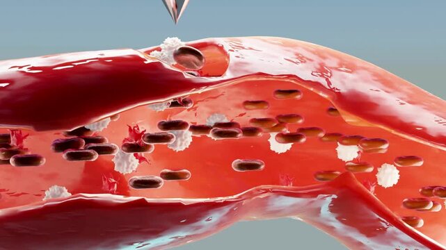3D render of hemostasis showing red blood cells and platelets forming a clot inside a damaged blood vessel. Cross section medical animation illustrating the basic stages of woun