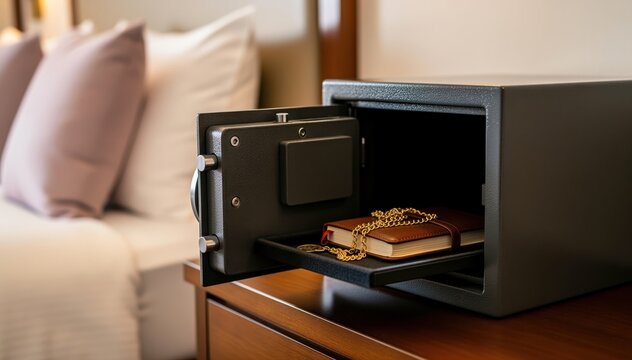 Hotel Safe with Valuables: An open hotel safe reveals treasures within, suggesting safety and protection of precious items in a secure environment.