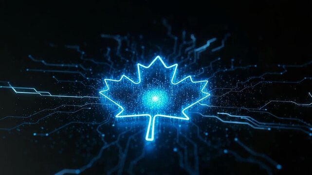 Glowing Digital Maple Leaf Rendered In Circuit Board Tech Data Against Dark Background Showcasing Connectivity Data Flow Usable For Digital Content