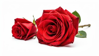 Naklejka premium Crimson Rose Duo: Two exquisite red roses, their velvety petals adorned with delicate water droplets, lie gracefully, embodying the essence of love and beauty. 