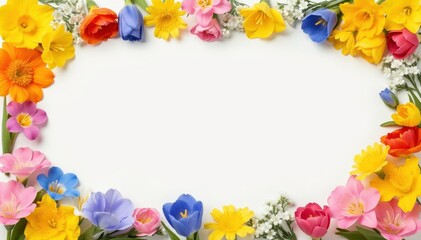 Obraz premium Floral Frame of Nature's Delight: A vibrant array of colorful spring flowers artfully arranged in a decorative frame, creating a cheerful and inviting border.