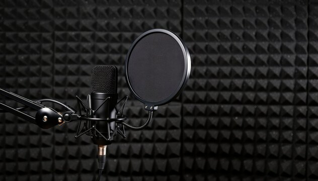 Studio Microphone and Acoustic Foam: A professional studio microphone stands ready, positioned in front of a pop filter, all set against a backdrop of acoustic foam panels.