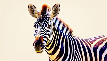 Fototapeta premium Zebra's Striking Gaze: A captivating portrait of a zebra, showcasing its iconic black and white stripes and a serene expression, a symbol of the African savanna's beauty.