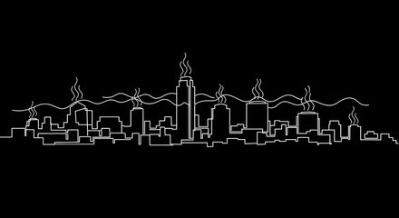 Naklejka premium City Skyline with Smoke Emissions in Nighttime Black and White Illustration