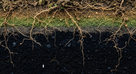 Close Up Cross Section of Soil Layers with Roots and Organic Material