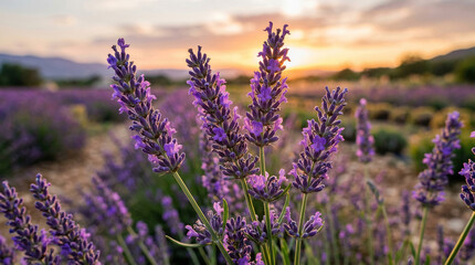Obraz premium Close-up of blooming lavender flowers in a garden at sunset, showcasing vibrant colors and delicate petals.