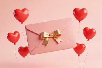 Obraz premium Pink envelope with golden bow, surrounded by red heart-shaped balloons. Romantic and festive design, ideal for Valentine's Day or love-themed celebrations.