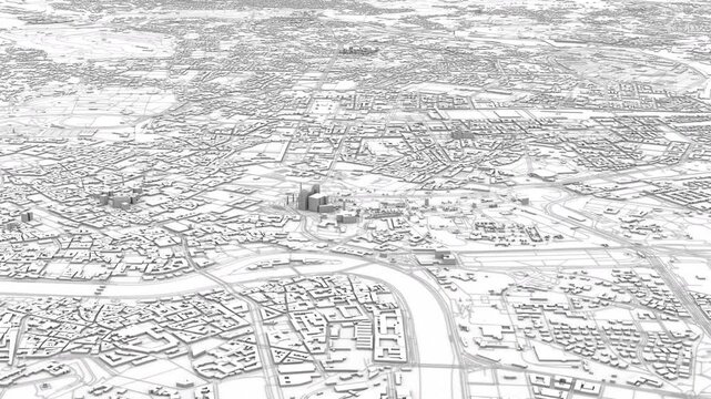 Night aerial view of Rome with illuminated street network in grayscale, black roads and white buildings, dark shadows between structures forming a high contrast city map from above.