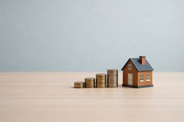 Property Tax Concept with House Model and Coin Stacks on Wooden Desk 固定資産税と住宅費のイメージ 家模型とコインの金融コンセプト