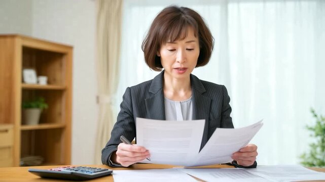 女性が机で請求書の数字を確認中