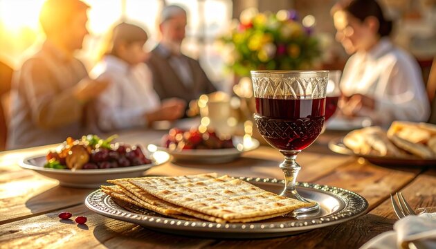 Close-up of Passover Seder Table with Matzah and Red Wine Glass, Jewish Family Celebrating in Blurred Warm Golden Background