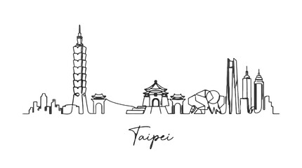 Obraz premium Elegant minimalist line drawing showcasing Taipei's iconic skyline featuring Taipei 101 and historical landmarks in monochrome