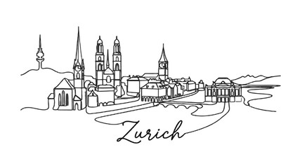 Fototapeta premium Elegant minimalist black line drawing illustrating the iconic skyline of Zurich capturing historical architecture and modern