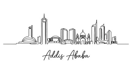 Fototapeta premium Minimalist black and white skyline illustration featuring iconic Addis Ababa cityscape with landmarks and architectural