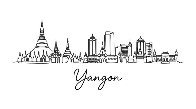 Elegant minimalist skyline illustration of Yangon cityscape capturing traditional pagodas and modern skyscrapers