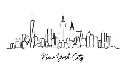 Obraz premium Minimalist Line Drawing of New York City's Skyline with Iconic Skyscrapers and the Text New York City